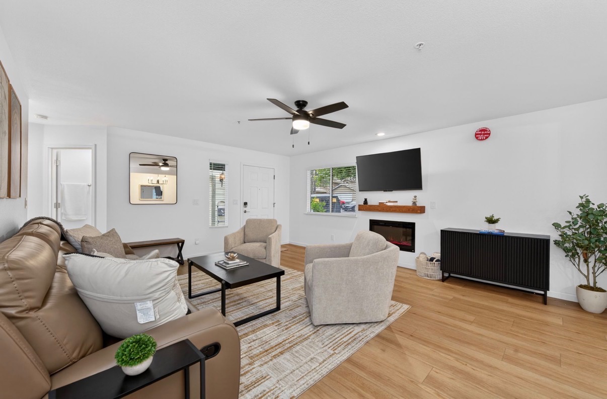 Finished living room with the TV and couch