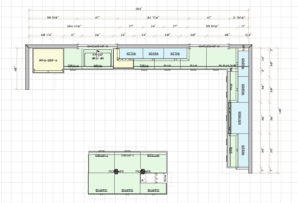 Dimensioned 2D floor plan of the same kitchen showing cabinet codes, sizes, and island layout