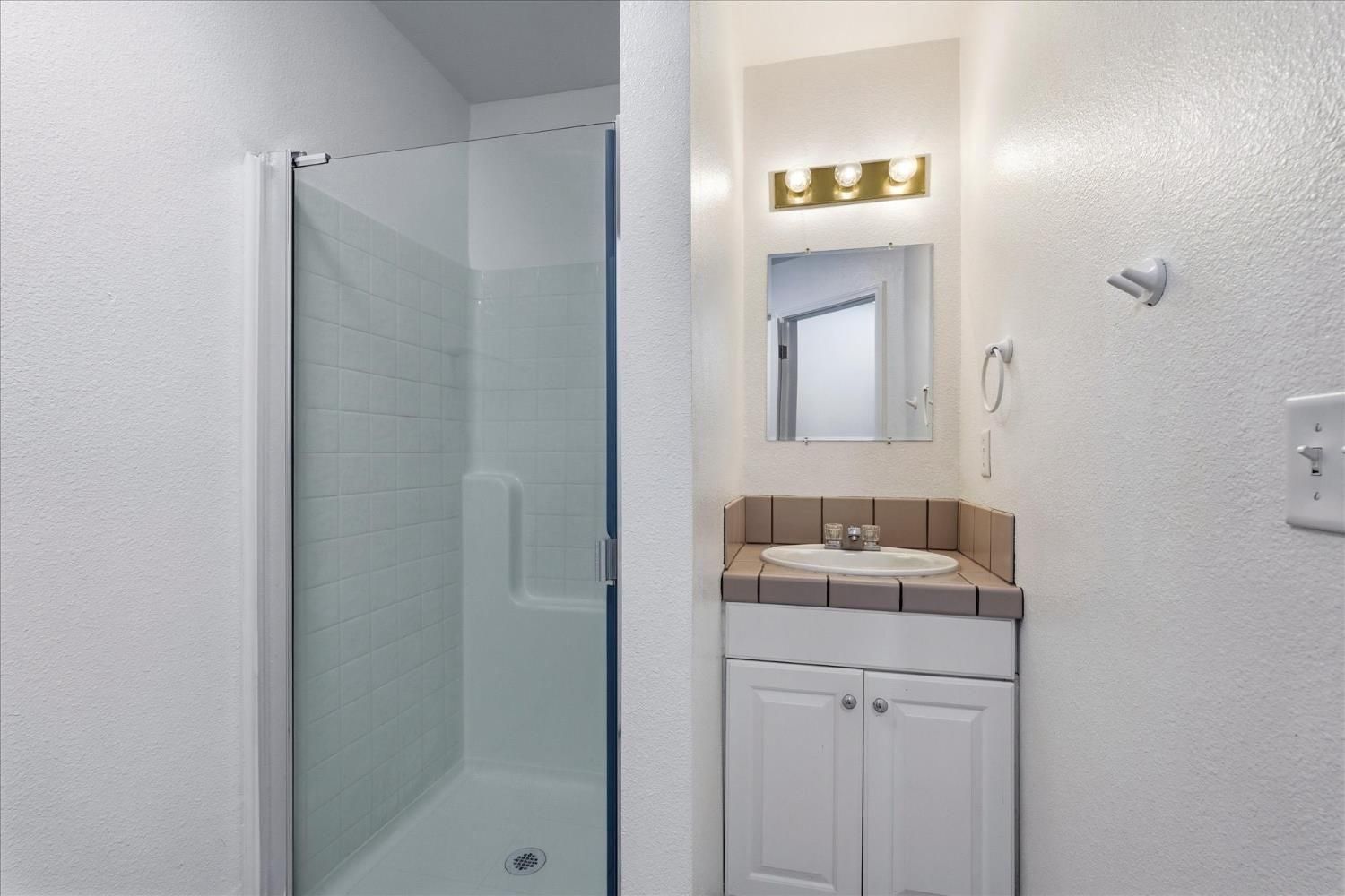 Before: original bathroom with the shower and small vanity with brown tile