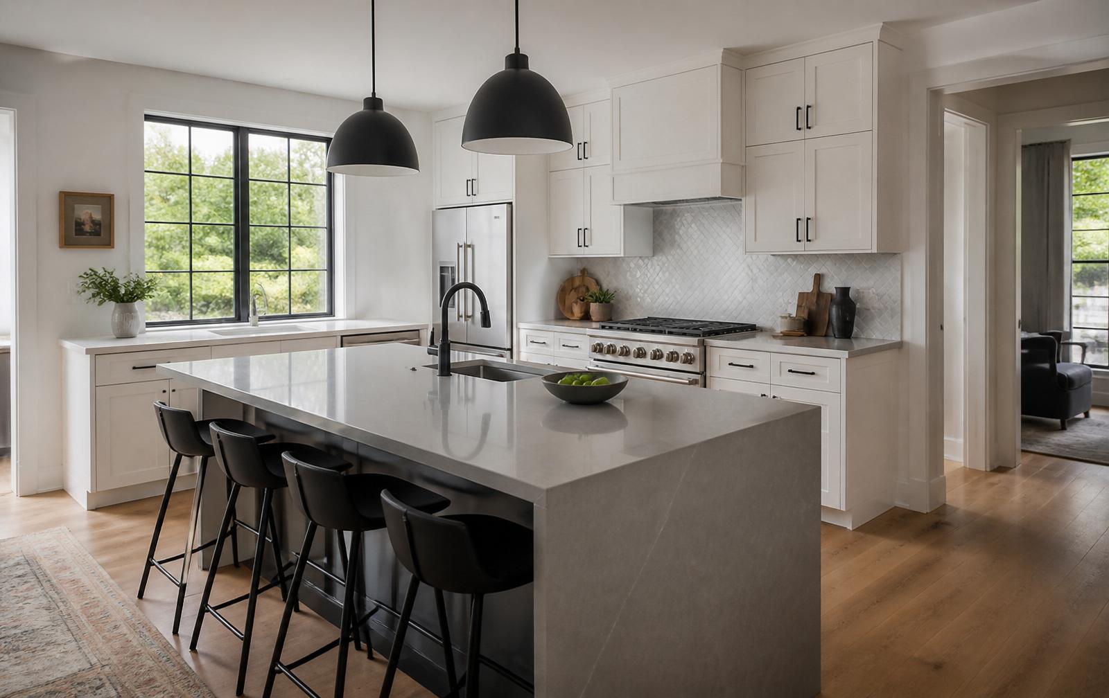 Transitional Kitchen with Waterfall Island