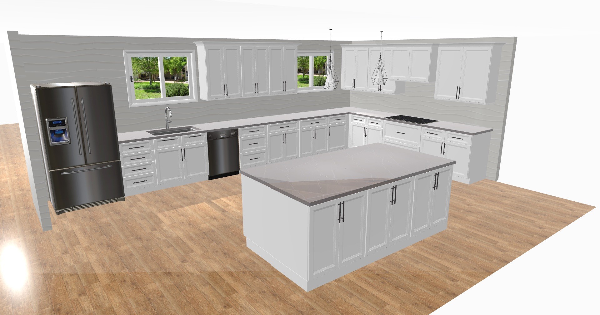 3D rendering of an L-shaped white raised-panel kitchen with dark refrigerator, island, and textured backsplash