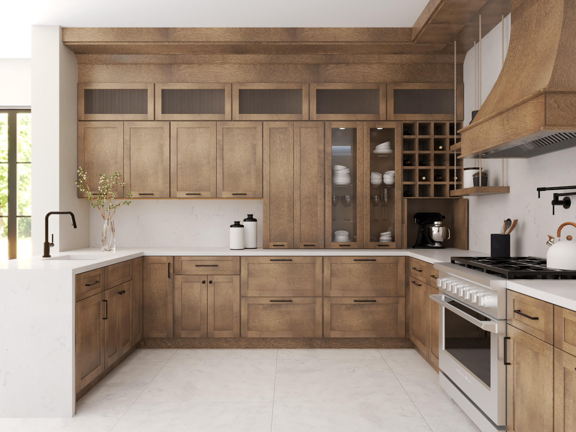 Rich stained oak shaker kitchen with glass-front display cabinets, wine storage, and custom range hood