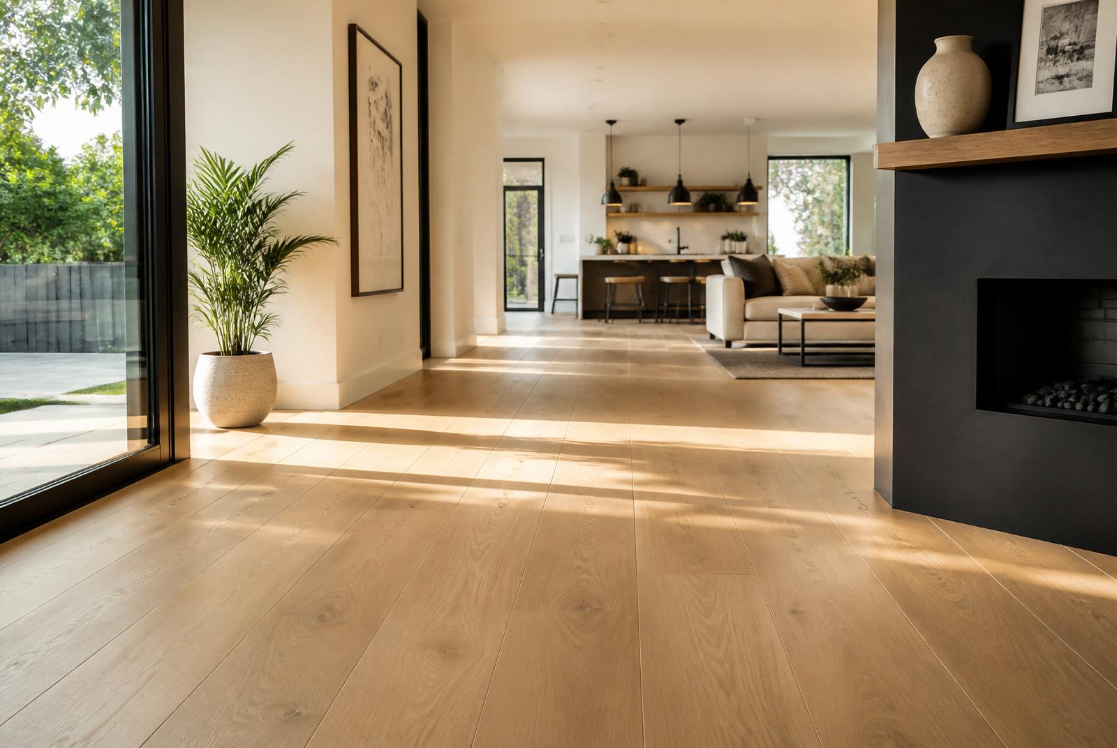 Wide plank European white oak hardwood installed in an open living space with natural light