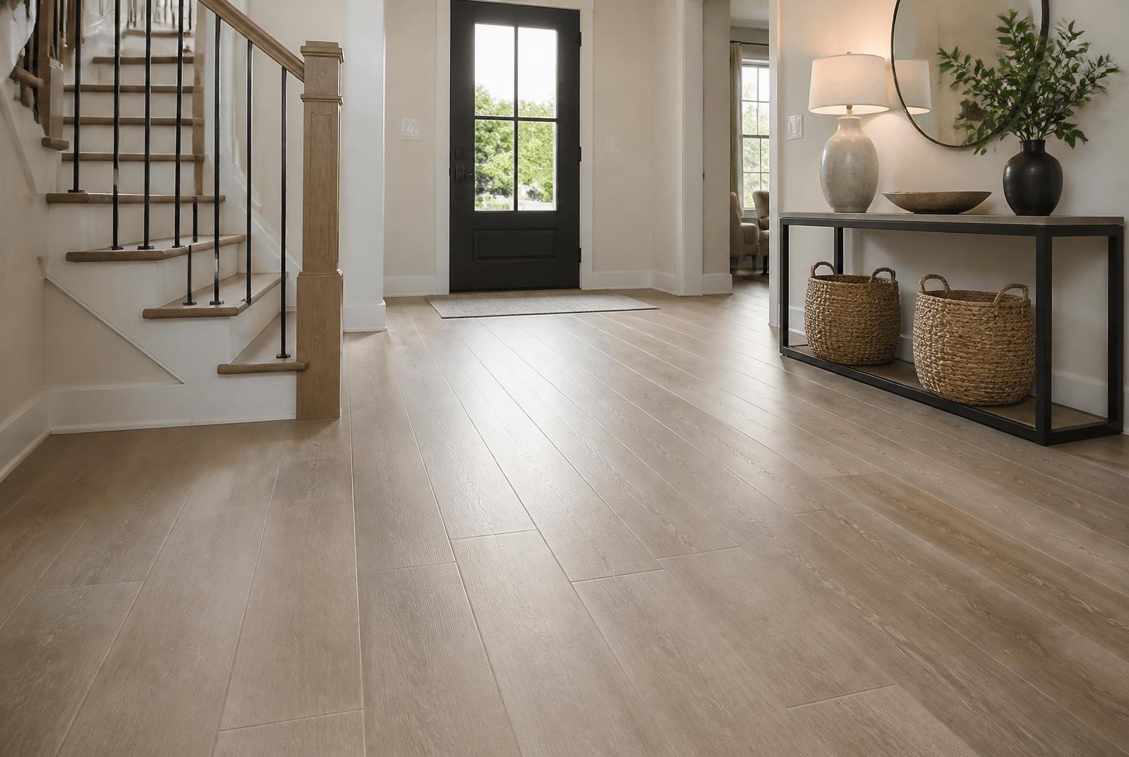 Large-format wood-look porcelain tile installed in a modern entryway with staircase
